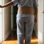 Person in recovery phase walking at home with abdominal support