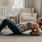 New mother doing postpartum core exercises with abdominal wrap