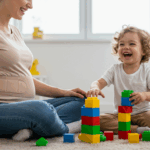 Parent playing with child while managing umbilical hernia