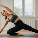 Woman doing gentle yoga with epigastric hernia support